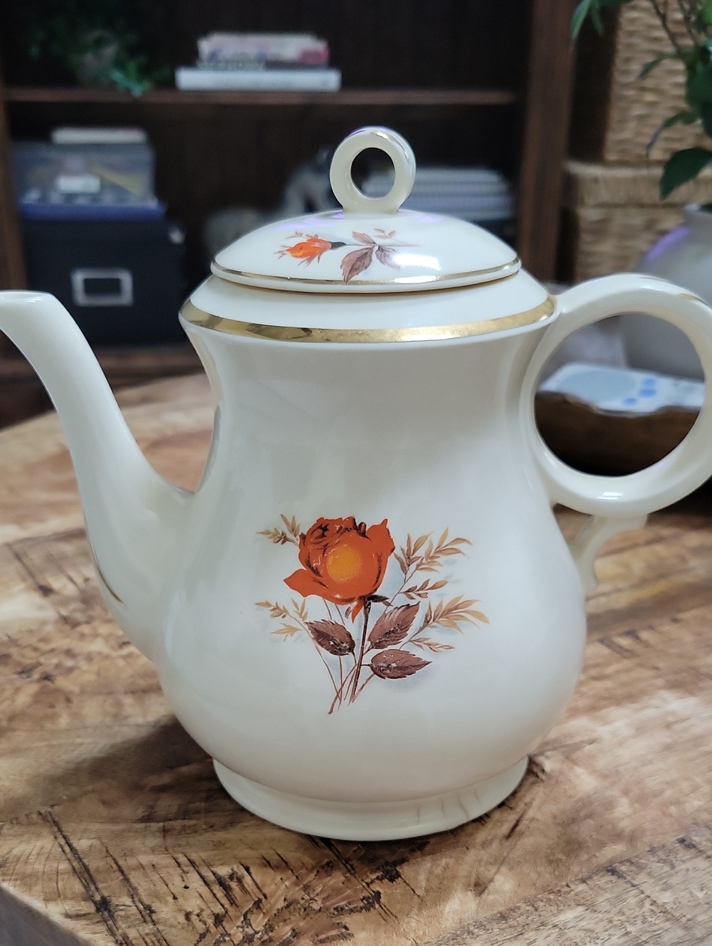 Vintage Cream Porcelain Teapot with Orange Floral Motif and Gold Trim